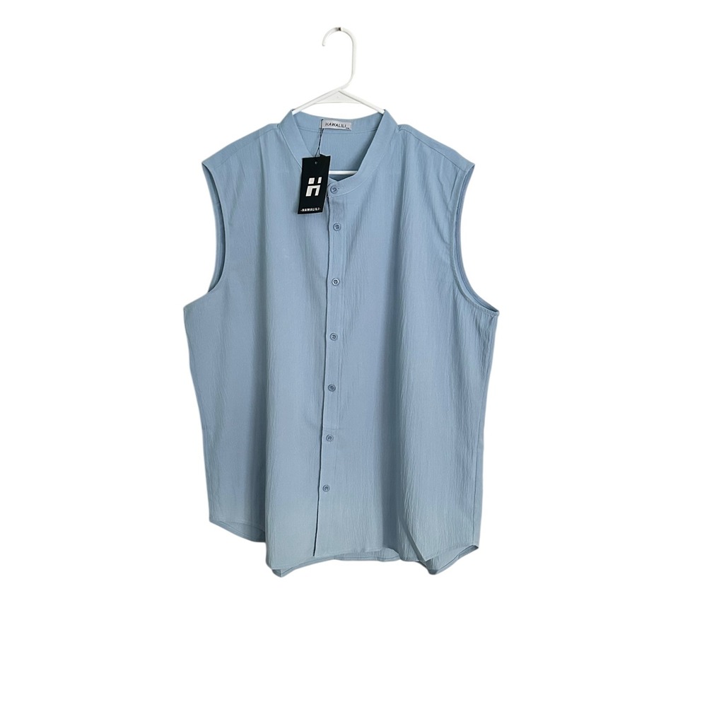 Hawalili Light Blue Sleeveless Button Down Mandarin Collar Top 2XL‎ 1615949#